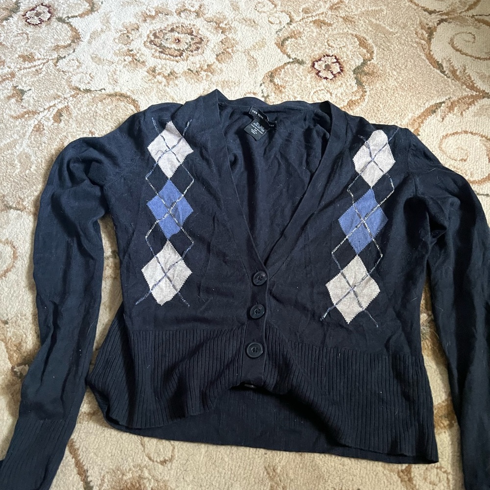 Dark blue, white, and pale blue with beads button up cardigan